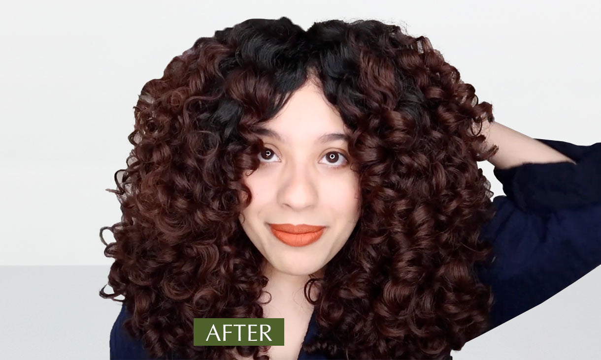 Photo showing a woman with visibly fuller, shiny, and healthy curls after using SUDTANA’s hair mask and scalp treatment oil.