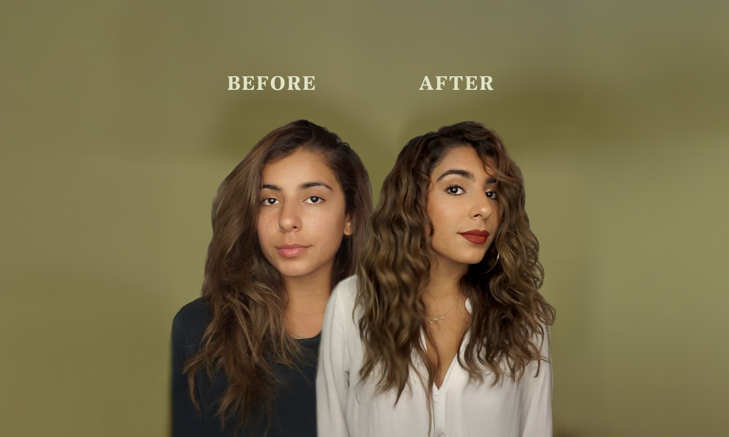 A before and after photo of a customer using SUDTANA’s hair mask and scalp treatment oil showing visibly smoother, stronger, and shinier hair.