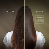 Before and after results of SUDTANA’s Hair Mask Oil and Scalp Revival Treatment showing transformation from dry, frizzy hair to smooth, shiny, healthy hair. Awarded Best Natural Formula at Marie Claire UK Hair Awards 2024.