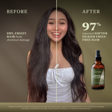 Before and after results of SUDTANA’s Hair Mask Oil and Scalp Revival Treatment showing smoother, frizz-free, repaired hair from chemical damage, with 97% reporting softer, silkier strands after natural herbal treatment.