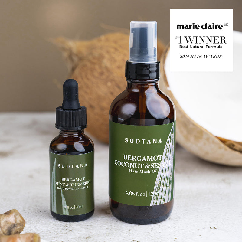 SUDTANA’s Bergamot Coconut & Sesame Hair Mask Oil and Bergamot Mint & Turmeric Scalp Revival Treatment, Marie Claire UK #1 Winner Best Natural Formula award 2024. The luxurious set offers sustainable and natural solutions for healthy hair and scalp.