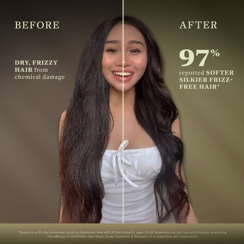 Before and after results of SUDTANA’s Hair Mask Oil and Scalp Revival Treatment showing smoother, frizz-free, repaired hair from chemical damage, with 97% reporting softer, silkier strands after natural herbal treatment.