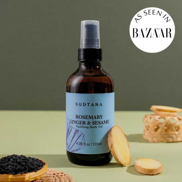 SUDTANA's Rosemary Ginger & Sesame Uplifting Body Oil is a product celebrated by Vogue, ELLE, Glamour and Harper’s Bazaar magazine.