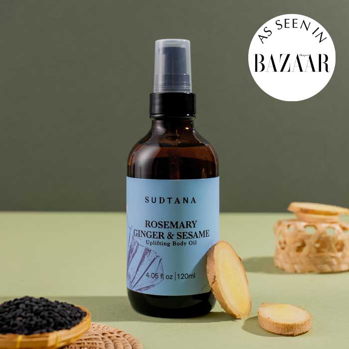 SUDTANA's Rosemary Ginger & Sesame Uplifting Body Oil is a product celebrated by Vogue, ELLE, Glamour and Harper’s Bazaar magazine.