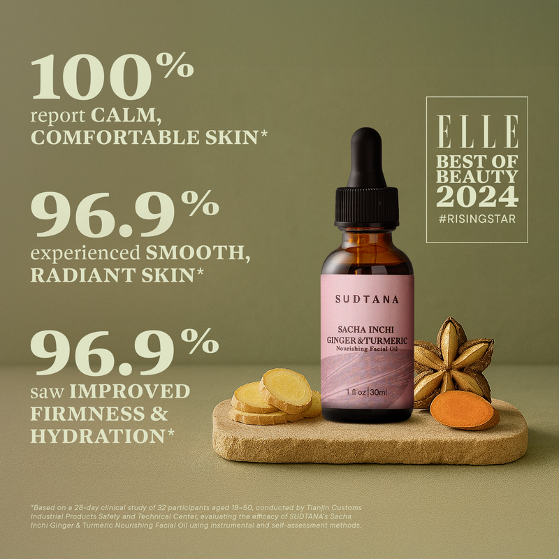 A bottle of the customer-favourite SUDTANA Sacha Inchi Ginger & Turmeric Facial Oil, an all-natural blend of botanical oils clinically proven to hydrate, smoothen, and nourish your skin.